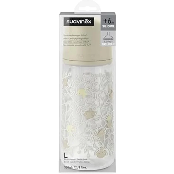Suavinex Babyflasche 360 ml mit SX Pro physiologischem Silikon-Sauger, Antikolik-Flasche mit dichtem Trinkfluss (L), ideal für Brei, Babys ab 6+ Monaten, Birdies Beige – Bild 4