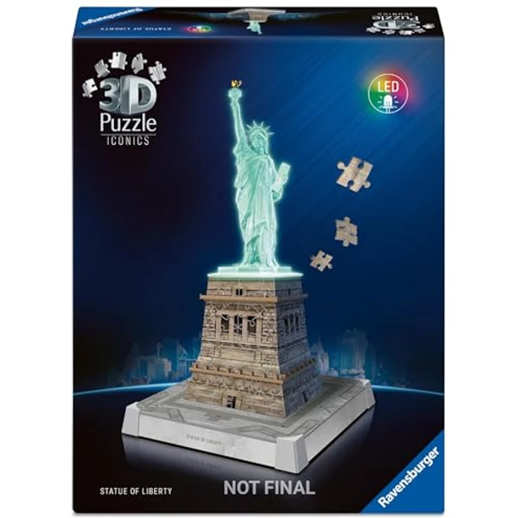 Ravensburger 3D Puzzle Iconics: Freiheitsstatue - mit LED Beleuchtung und 3 Beleuchtungsmodi, 108 Kunststoff-Puzzleteile