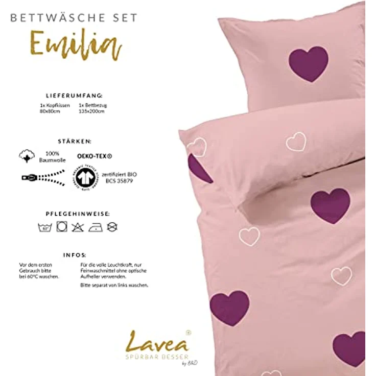 Lavea Bettwäsche Set - Emilia 135 x 200cm + 80 x 80cm. Design: Herzen - Farbe: Rosa-Bordeaux 100% Baumwolle. Hochwertig mit Reißverschluss. GOTS/Bio Zertifiziert. – Bild 3