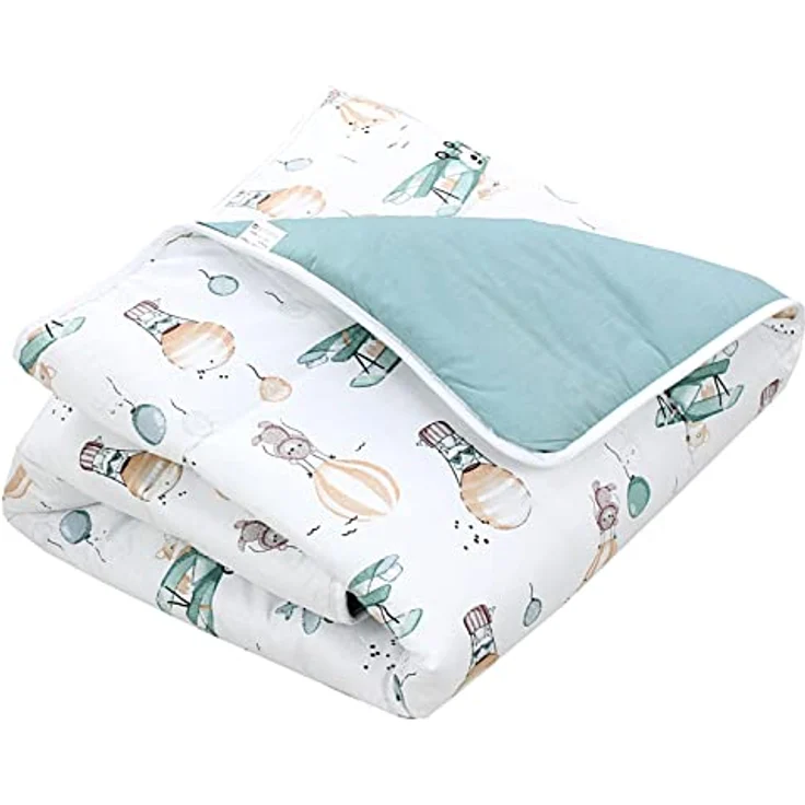 TupTam Krabbeldecke 120x120 cm - Gepolsterte Spieldecke aus 100% Baumwolle, XXL, OEKO-TEX, Weich & Hautfreundlich, Farbe: Füchse/Flugzeuge/Ballons/Grün – Bild 1