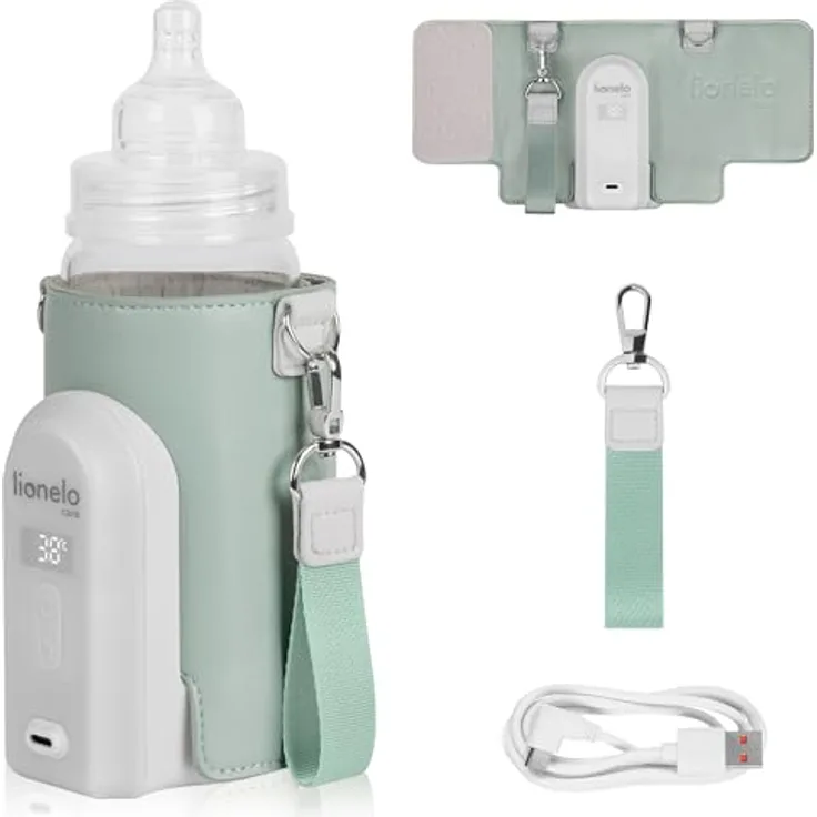 Lionelo Thermup Go Evo Tragbarer Babyflaschenwärmer, 5 Betriebstemperaturen von 38 bis 50o C, USB-C Aufladung, bis zu 9 Stunden Betrieb, LCD Display