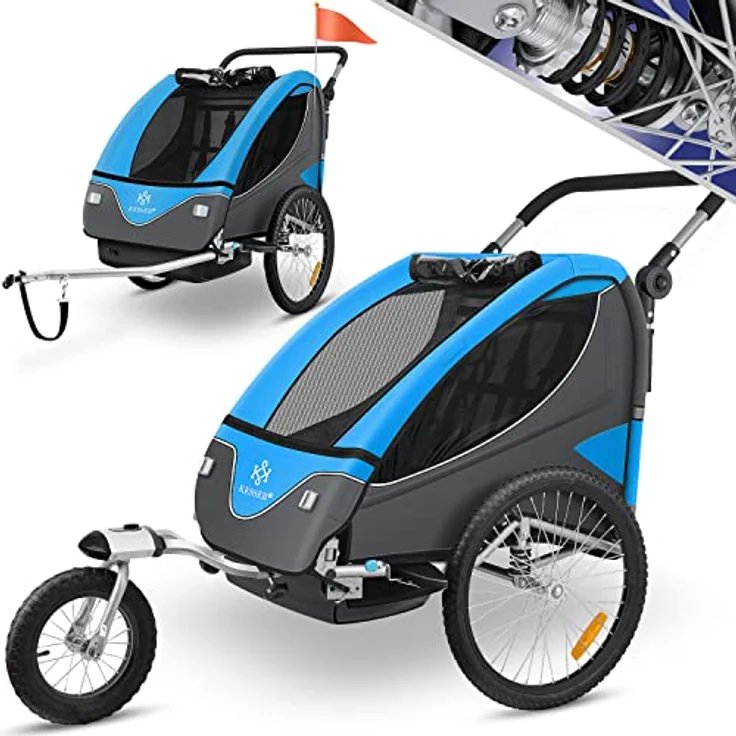 KESSER® Cruiser Kinderanhänger Fahrradanhänger 360° Drehbar mit Federung 2in1 Joggerfunktion Kinderfahrradanhänger + 5-Punkt Gurt Jogger Fahrrad Anhänger für 1 bis 2 Kinder max. 40kg Blau – Bild 2