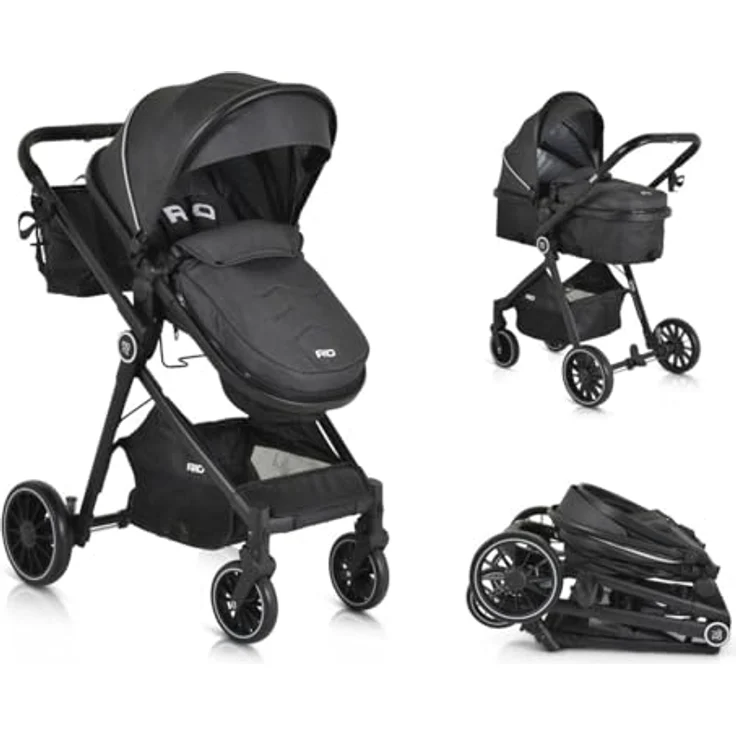Moni Kombikinderwagen 2 in 1 Rio 22 kg umbaubar Fußabdeckung klappbar Korb Gurt, schwarz – Bild 2
