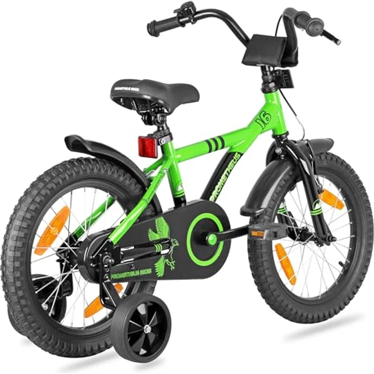 PROMETHEUS BICYCLES Kinderfahrrad 16 Zoll ab 5 Jahren - Kinder Fahrrad Mädchen Jungen Fahrrad Kinder mit Stützräder Rücktrittbremse in Grün Schwarz, leichter Rahmen, Bremsen, Sicherheitspaket – Bild 3