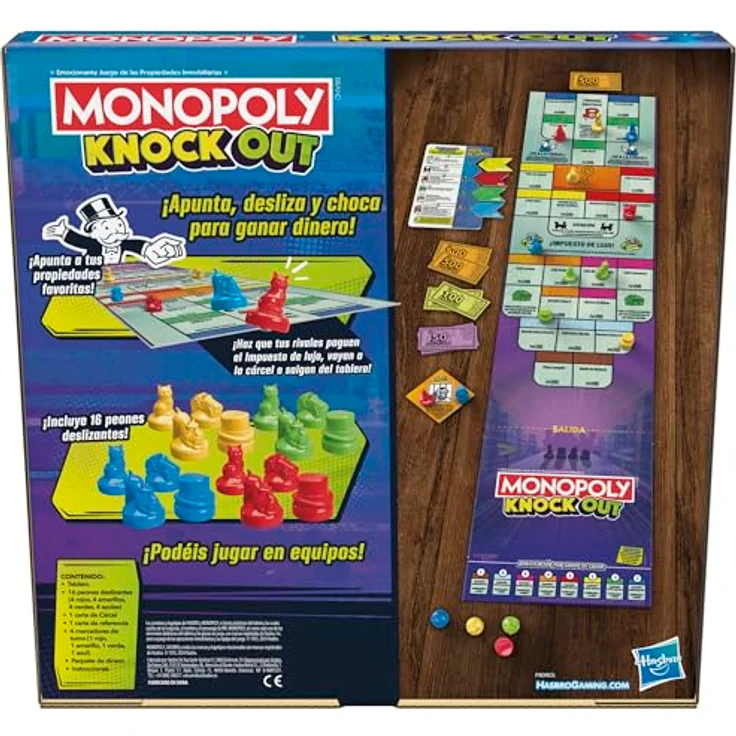 Monopoly Knockout, Familienspiel für Partys, Strategiespiel für 2-8 Spieler, ab 8 Jahren, großes Spielbrett über 90 cm, 16 Schiebefiguren in 4 Farben – Bild 5