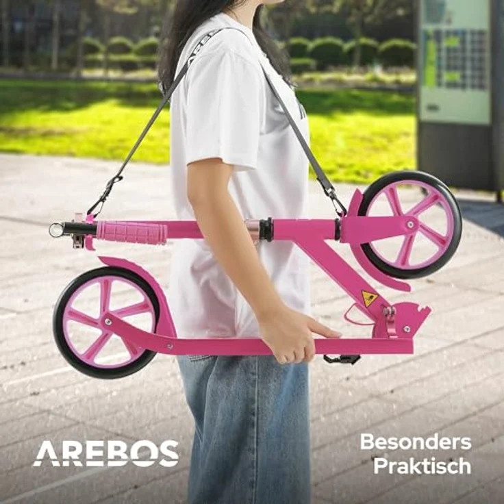 Costway Höhenverstellbarer Tretroller, Pedalbremsung, Tragkraft 100 kg, 4-fach höhenverstellbar, rosa – Bild 7
