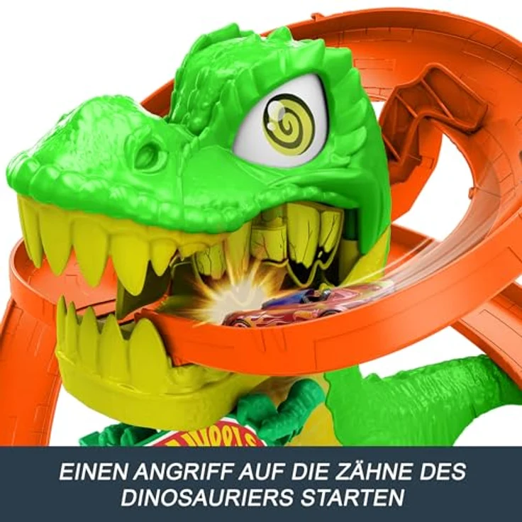 Hot Wheels T-Rex-Schlacht Rennbahn, Autorennbahn mit Die-Cast Feuerwehrwagen im Maßstab 1:64, interaktive T-Rex-Funktionen und Aufbewahrungsmöglichkeiten für Autos – Bild 3