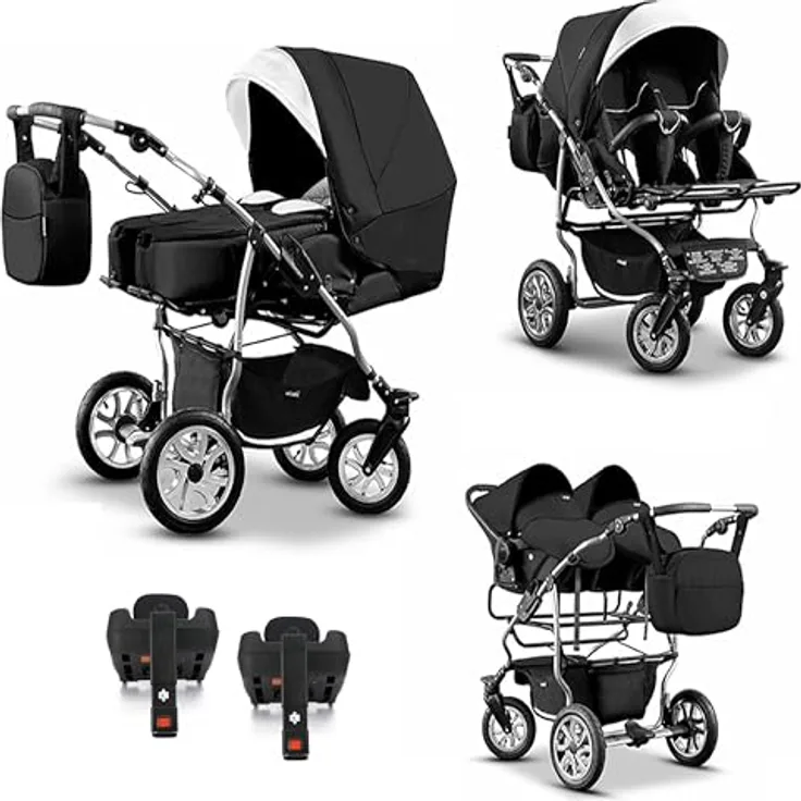 Elcar Zwillingskinderwagen 5 in 1 City Twin inkl. Autositze - 16 Teile - in 19 Farben, mit variabler Montage und Federungen