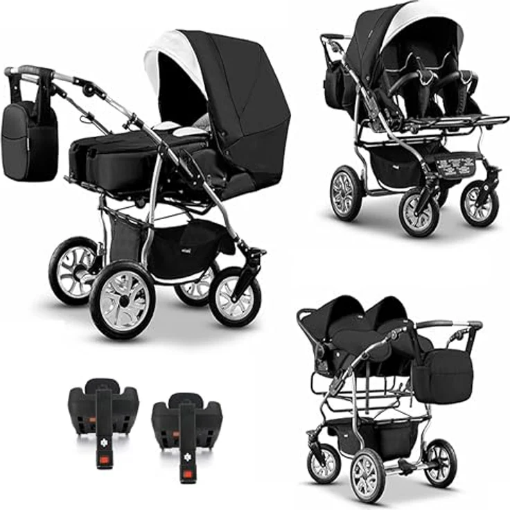 Elcar Zwillingskinderwagen 5 in 1 City Twin inkl. Autositze - 16 Teile - in 19 Farben, mit variabler Montage und Federungen – Bild 1