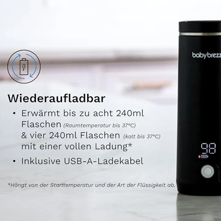 Baby Brezza SuperFast Portable Warmer, Tragbarer Muttermilch- & Wasserwärmer mit 4 Temperaturstufen, USB-C, gleichmäßige Erwärmung durch Sensor-Technologie, Edelstahl – Bild 8