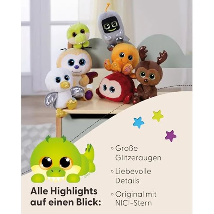 Nici Kuscheltier Glubschis, Krokodil Groggo-Li, flauschig, hellgrün, 15 cm liegend mit goldglitzernden Augen – Bild 4