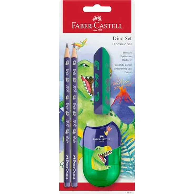 Faber-Castell Schreibset Dino 111519, Schulset mit 2 HB Bleistiften, Radierer und Anspitzer, ergonomisches Design für Kinder – Bild 1