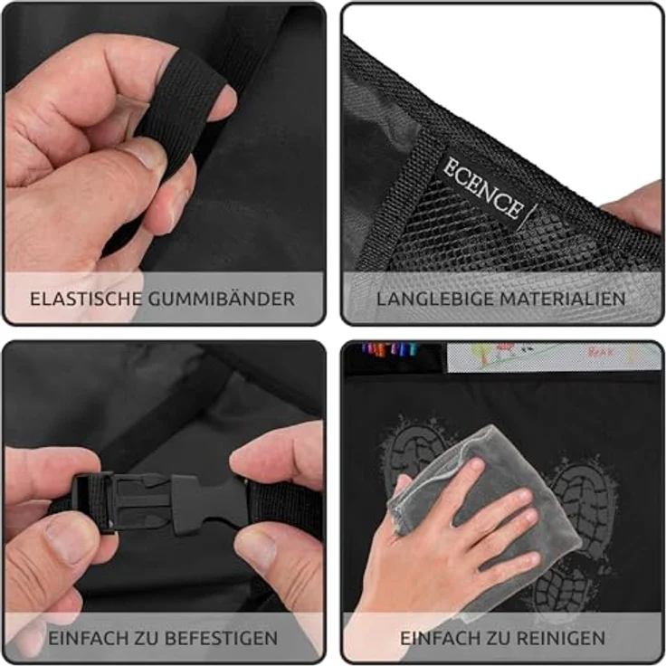 ECENCE Auto-Rückenlehnentasche 2x Rücksitz-Organizer, 50x70cm, wasserdicht, mit 2 großen Netztaschen, schwarz – Bild 5