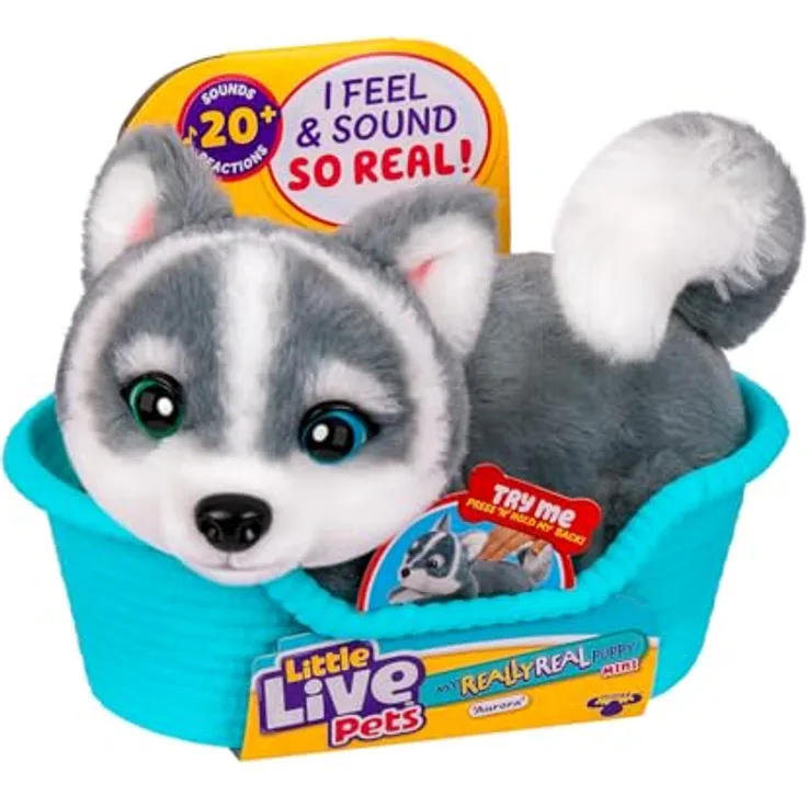 LITTLE LIVE PETS My Really Real Puppy Mini – Aurora der Husky, interaktiver Puppy mit 20+ Geräuschen und Reaktionen, inklusive Präsentationskorb, 11 cm groß