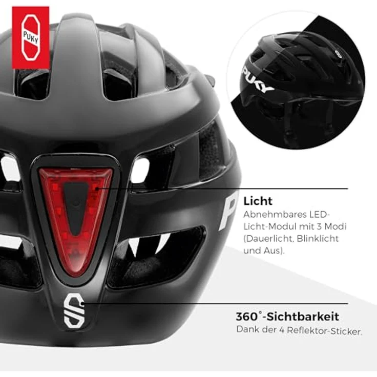 PUKY Helmet S Schwarz | Kinder Fahrradhelm 48-55 cm | Leichtgewicht 220g | Maximaler Schutz & Belüftung | 360° Sichtbarkeit durch Licht-Modul | Ideal für Sicherheit und Komfort auf dem Fahrrad – Bild 4