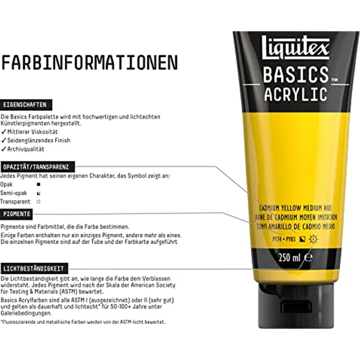 Liquitex Basics Acrylfarbe, monopigmentierte Künstlerpigmente, lichtecht, mittlere Viskosität, 250ml Tube - Kadmiumgelb Mittel Farbton – Bild 3