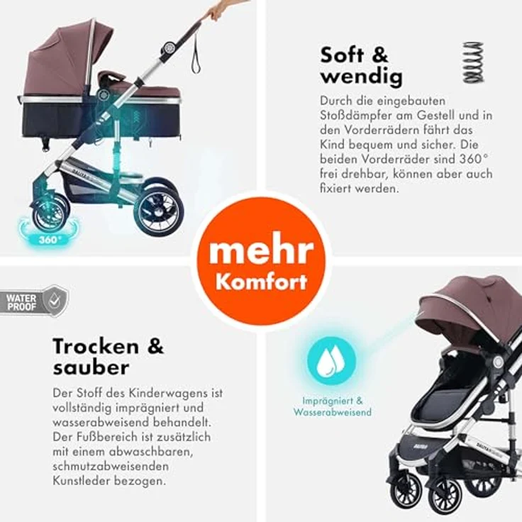 Daliya® NEOMOVE 2in1 Kombi-Kinderwagen, Buggy mit klappbarer Babywanne und Sportsitz, große pannensichere Räder, stufenlos verstellbare Rückenlehne, leichter Alu-Rahmen, großer Einkaufskorb, Silber-Violett – Bild 2