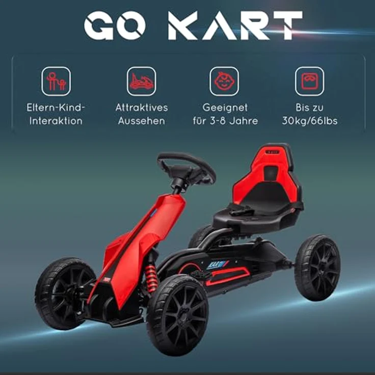 HOMCOM Go-Kart Kinderfahrzeug mit verstellbarem Sitz, Tretauto, Outdoor, für Kinder, Rot, Handbremse, 4-fach verstellbarer Sitz, EVA-Räder – Bild 7