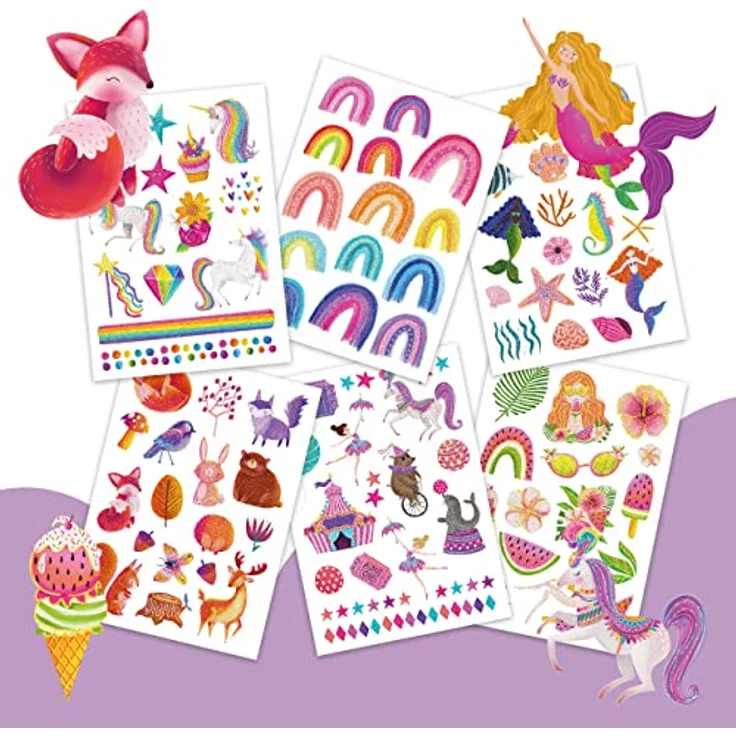 Papierdrachen 100 Metallic-Tattoos, hautfreundliche Kindertattoos Einhorn und Regenbogen, vegan, in Deutschland hergestellt, 6 Bögen Silber – Bild 5
