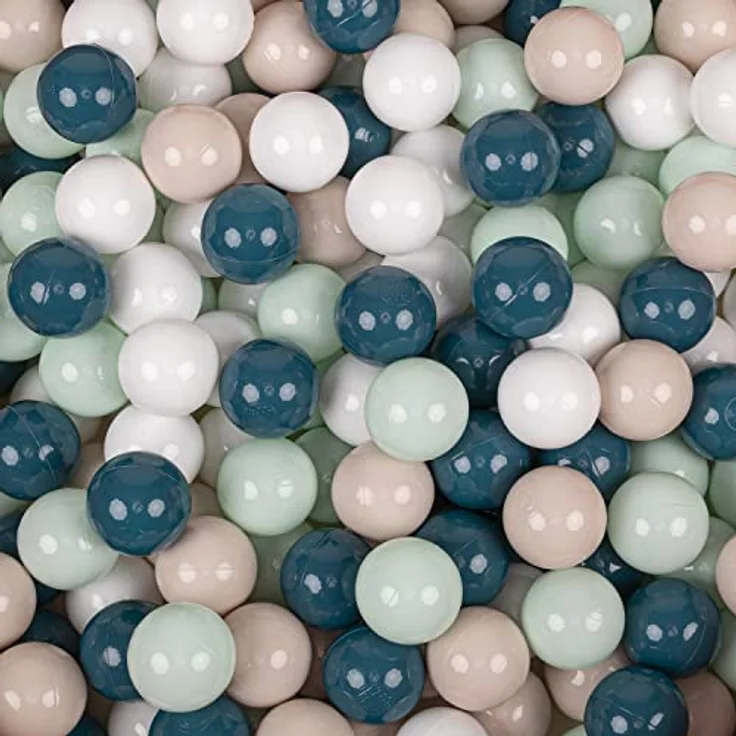 KiddyMoon 300 Bälle, 7 cm Einfarbige Plastikbälle für Bällebad in Dunkeltürkis/Pastellbeige/Weiß/Minze, Eurofins-zertifiziert, BPA-frei, Made in EU – Bild 2