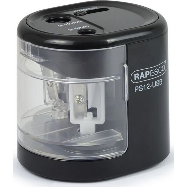 RAPESCO PS12-USB, Elektrischer Anspitzer mit Doppel-Loch Design, schwarz, für Stifte 6-12mm, USB- und Batteriebetrieb, inkl. Ersatzklingen und Auto-Stopp-Funktion