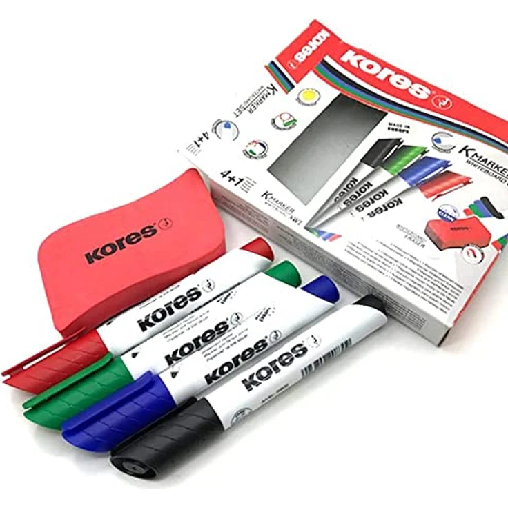 KORES Whiteboard Marker M20865, 5er Set mit 3-5mm Keilspitze, schwarz, blau, rot, grün + magnetischem Schwamm, schnelltrocknend, rückstandslos entfernbar – Bild 2