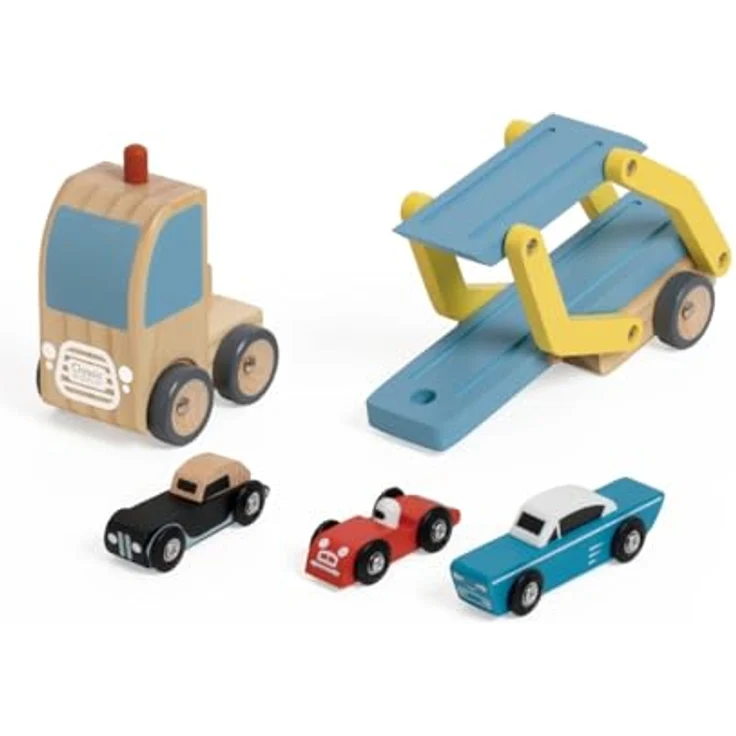 Classic World Autotransporter Holzspielzeug, LKW mit Rampe & 3 Holzautos, fördert Feinmotorik, für Kinder ab 18 Monaten – Bild 3