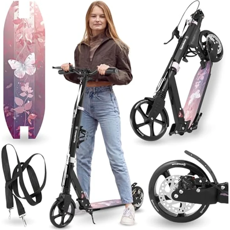 HyperMotion Skyline Black Scooter, faltbarer Aluminium-Scooter mit Federung, 20 cm Rädern & Tragegurt, für Erwachsene und Kinder, 15KM/s – Bild 2