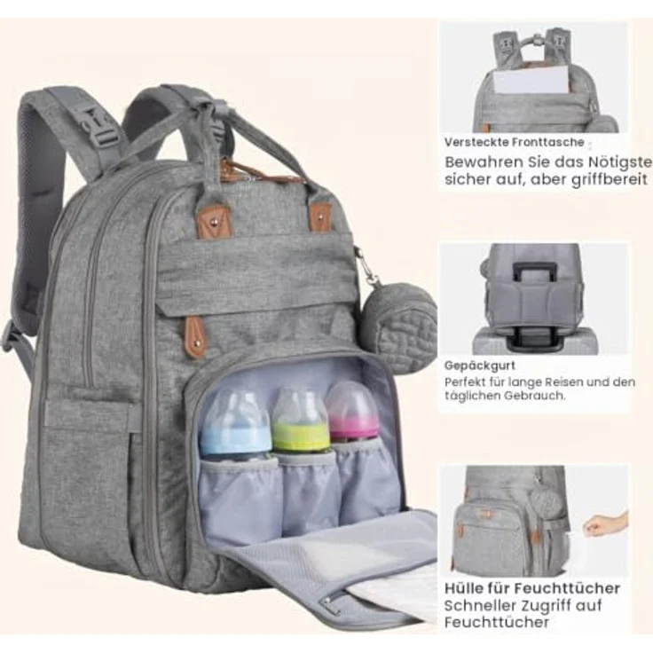 BabbleRoo Extra Große Wickelrucksack, Erweiterbare Babytasche mit bis zu 50% mehr Kapazität, inklusive Wickelunterlage, Kinderwagenbefestigung & Schnullertasche – Unisex – Bild 5