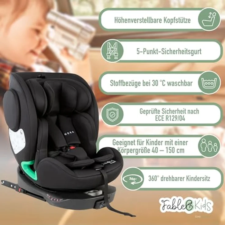 FableKids NORA Autokindersitz 360° drehbar mit Isofix, für 40-150 cm, ab Geburt bis ca. 12 Jahre, schwarz – Bild 2