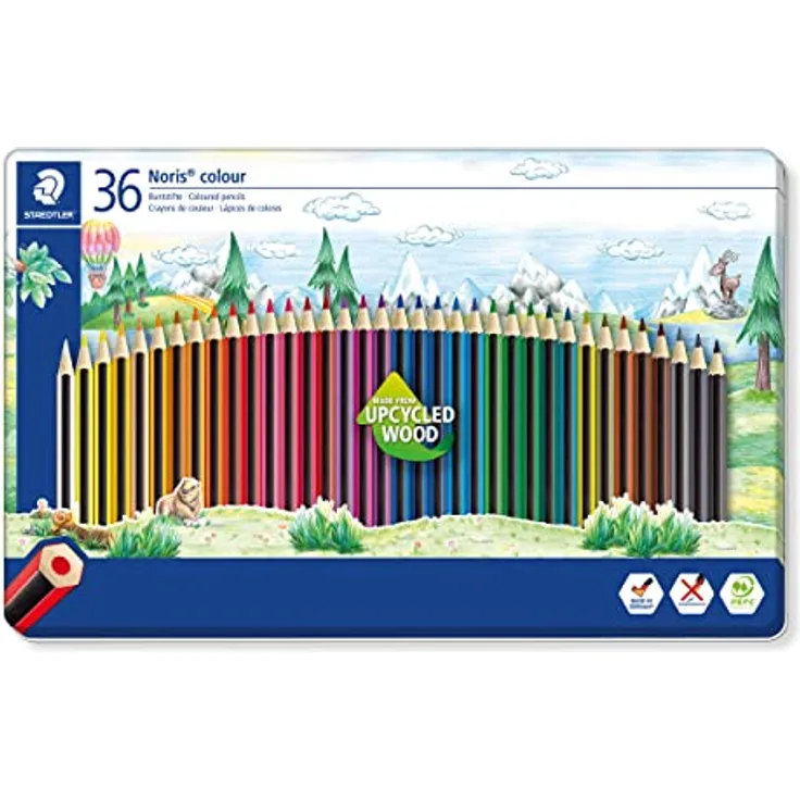 STAEDTLER Buntstifte Noris colour, rutschfeste Soft-Oberfläche, hohe Bruchfestigkeit, Made form Upcycled Wood, intensive Farben, Sechskantformat, 36 Farbstifte im Metalletui, 185 M36