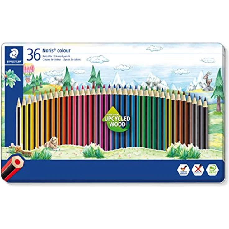 STAEDTLER Buntstifte Noris colour, rutschfeste Soft-Oberfläche, hohe Bruchfestigkeit, Made form Upcycled Wood, intensive Farben, Sechskantformat, 36 Farbstifte im Metalletui, 185 M36 – Bild 1