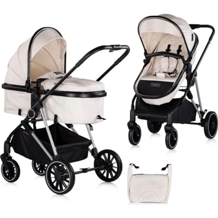 Chipolino Kinderwagen Aura 2 in 1 umbaubar Wickeltasche Sitz umkehrbar bis 22 kg, creme