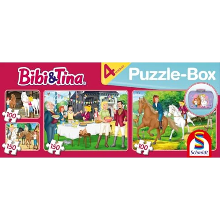 Schmidt Spiele 55609 Bibi und Tina Puzzle im Metallkoffer, 4 Kinderpuzzle mit 2x100 und 2x150 Teilen, bunt, exklusiv bei Amazon – Bild 3
