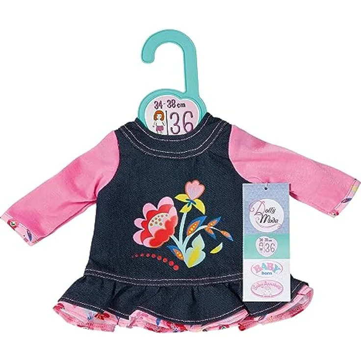Dolly Moda, Puppenkleidung, Jeans Kleid Blumen 36cm, Jeanskleid mit rosa Langarm-Shirt, 871508, Zapf Creation