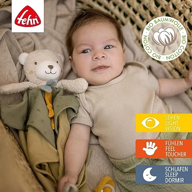 Fehn Schmusetuch Bär fehnNATUR – Spielkamerad & Stofftier-Schnuffeltuch mit Baumwolle aus kontrolliert biologischem Anbau (KBA) mit Schnuller-Befestigung – für Babys & Kleinkinder ab 0+ Monaten – Bild 2