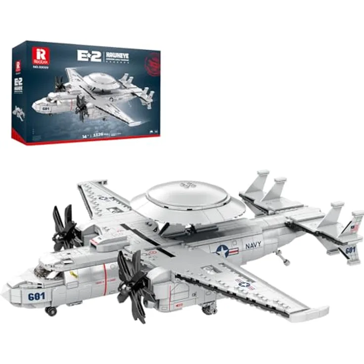 Reobrix E-2 Hawkeye Militär-Funktionsmodell, 1126-teiliges Flugzeug-Bauset mit einklappbaren Flügeln und Radarkuppel, für Erwachsene und Jugendliche ab 8 Jahren