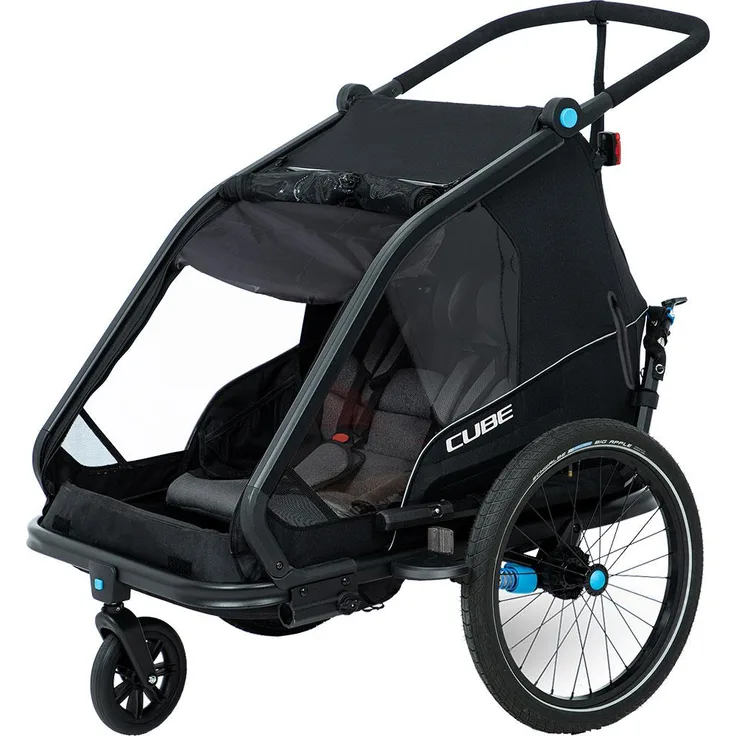 CUBE Kinder Fahrradanhänger Double CMPT, multifunktional als Fahrradanhänger und Kinderwagen, schwarz