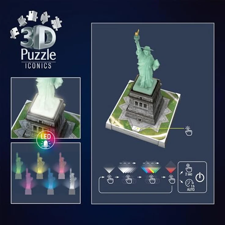 Ravensburger 3D Puzzle Iconics: Freiheitsstatue - mit LED Beleuchtung und 3 Beleuchtungsmodi, 108 Kunststoff-Puzzleteile – Bild 7