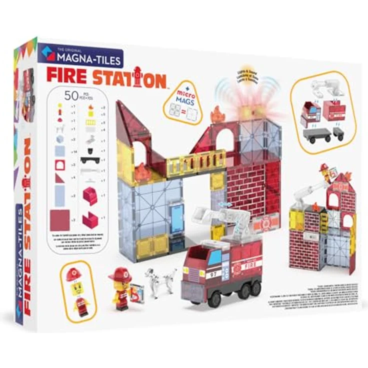MAGNA-TILES® Feuerwehrstation 50-teiliges Magnetbauset mit Licht- und Soundfliese, ausziehbarer Feuerwehr-Leiter und Mix-and-Match Feuerwehrfigur – Bild 2