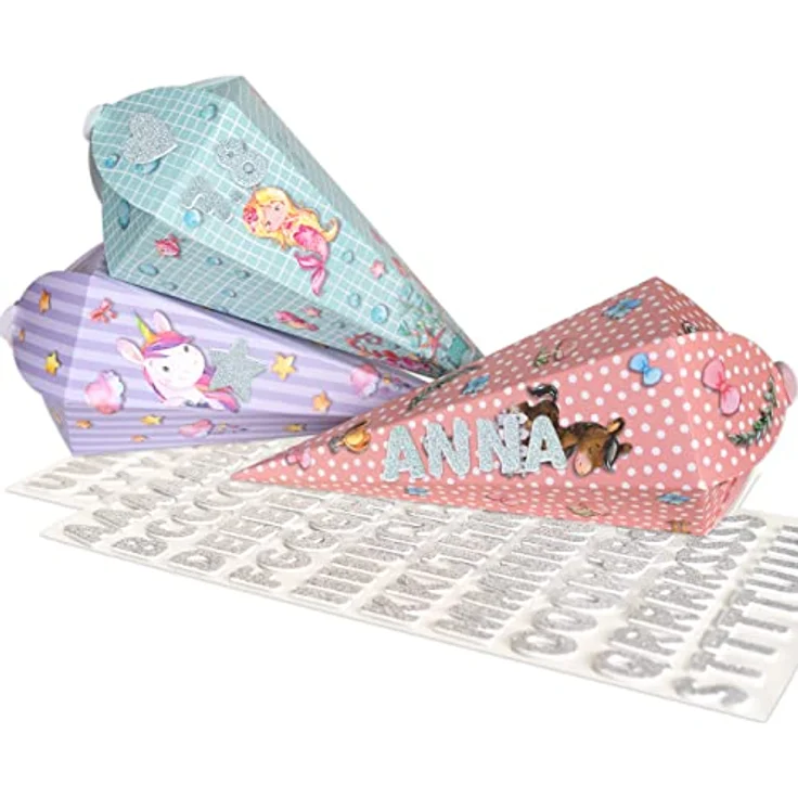 Papierdrachen 3 Bedruckte Schultüten zur Einschulung, 24,5 cm groß, in Rosa und Türkis, inkl. dekorativen Moosgummi Aufklebern – Bild 1
