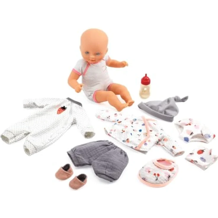 DJECO Pomea Babypuppe mit Koffer, 32 cm, Schlafaugen und umfangreichem Zubehör, für Kinder ab 18 Monaten – Bild 2