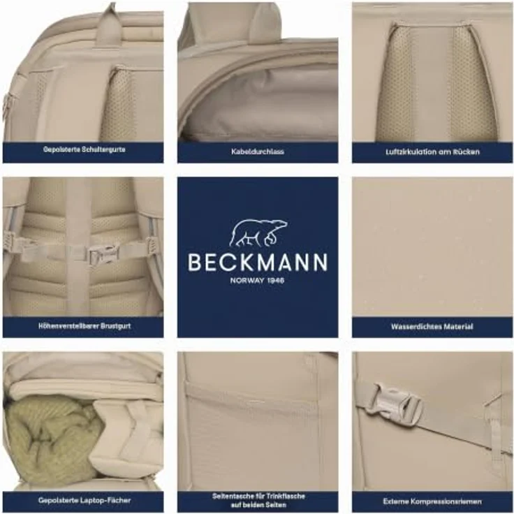 Beckmann Norway Street Go Schulrucksack, Beige 26L mit Laptopfach, Reißverschluss – Bild 8