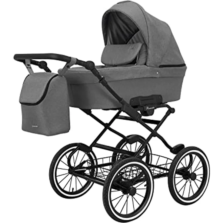 Kunert Kinderwagen ROMANTIC retro Sportwagen Babywagen Babyschale Komplettset, 1 in 1, konform mit europäischen Normen, lüftungssystem, Stoßdämpfung, einstellbare Liegefläche, grau