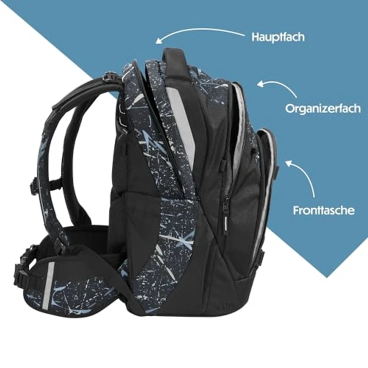 Coocazoo MATE Schulrucksack „Reflective Splash”, schwarz-grau, reflektierend, ergonomisch, höhenverstellbar, mit Brust- und Hüftgurt, 30 Liter, ab der 3. Klasse – Bild 3