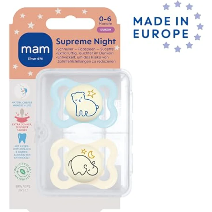MAM Supreme Night Schnuller 2er-Set, leuchtender Babyschnuller für gesunde Zahn- und Kieferentwicklung, Bär/Nilpferd, inkl. Schnullerbox, 0-6 Monate – Bild 2