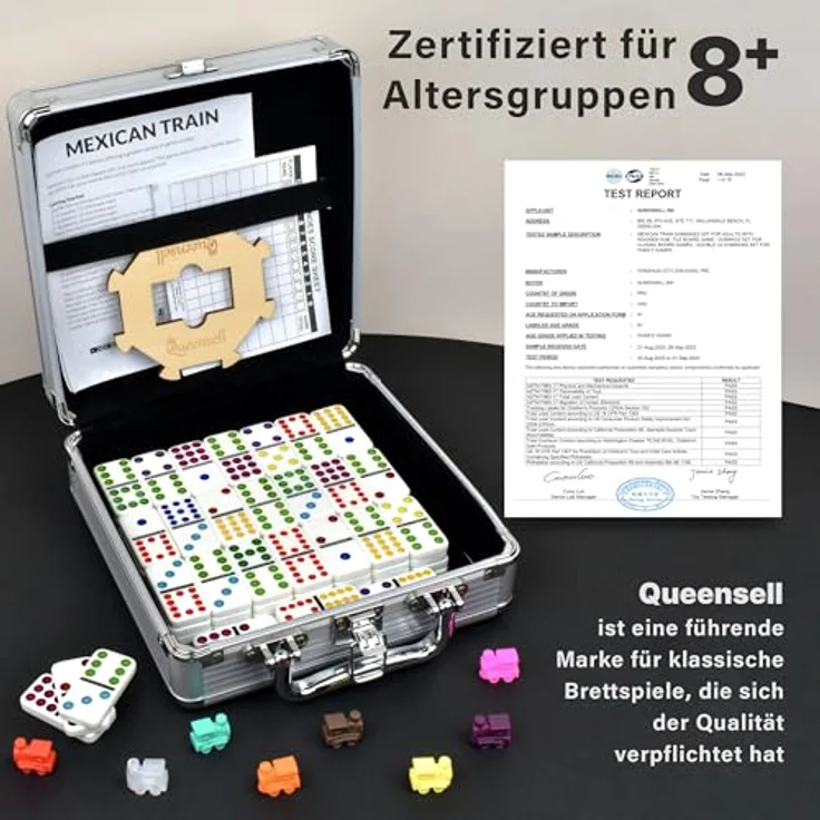 Queensell Mexican Train Domino-Set, Doppel-12 Legespiele mit Holzmittelstück und Aluminium-Tragekoffer für Familienspiele, farbenfrohe Steine für Erwachsene und Kinder ab 8 Jahren – Bild 4
