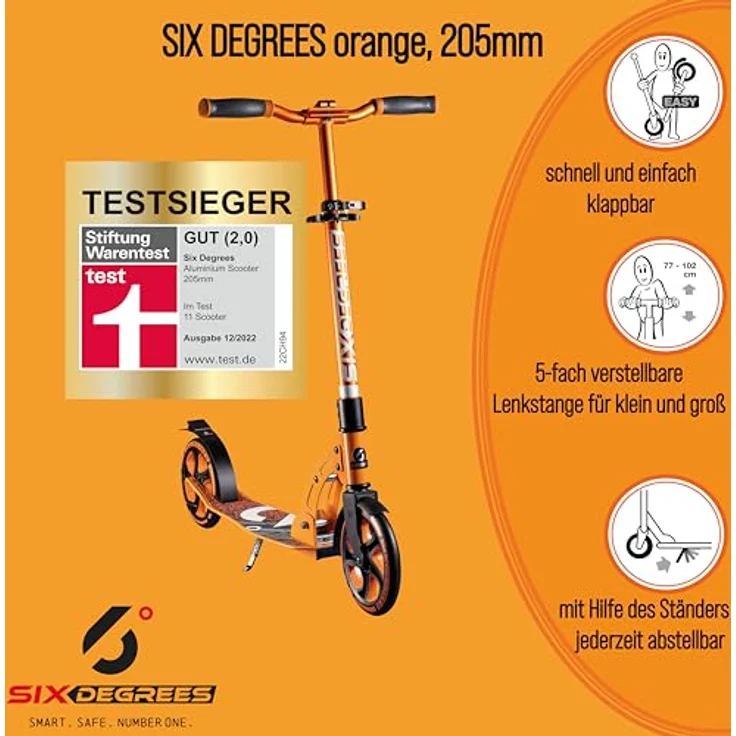 Authentic Sports Alu Scooter 205mm orange Six Degrees - Hochwertiger Aluminium Scooter mit praktischem Klappmechanismus – Bild 2