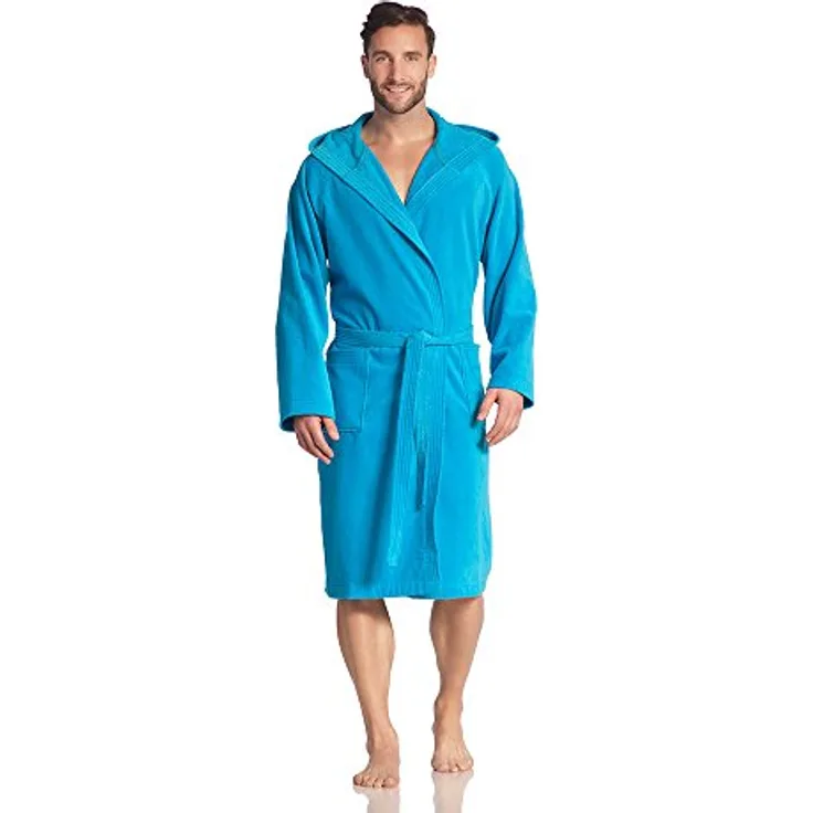 Vossen Bademantel Texas, unisex Kurzmantel mit Kapuze, 100% Baumwolle, turquoise