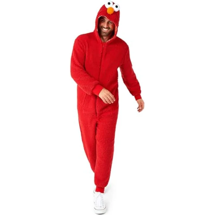 OppoSuits Elmo Onesie (S), Kapuzenoverall mit 3D-Augen und Nase, leuchtend rot, aus 100% Polyester – Bild 1